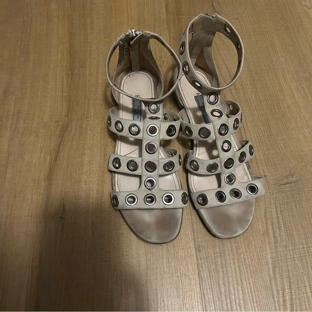 Prada Beige Grommet Strappy Sandals
